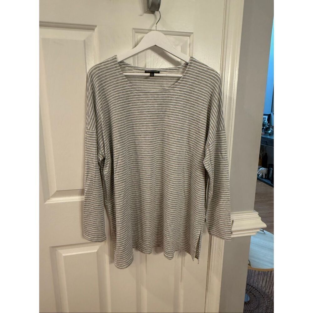 Eileen Fisher Soft Tencel Lyocell Gray & White Stripe Tunic Top sz L EUC